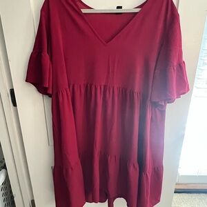Women's Babydoll Dress V Neck Casual Swing Dress in BURGUNDY